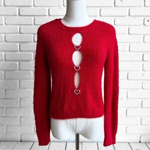 Madden Girl Red Fuzzy Sweater M Heart Cut Out Rhinestone Valentine Coquette Y2K